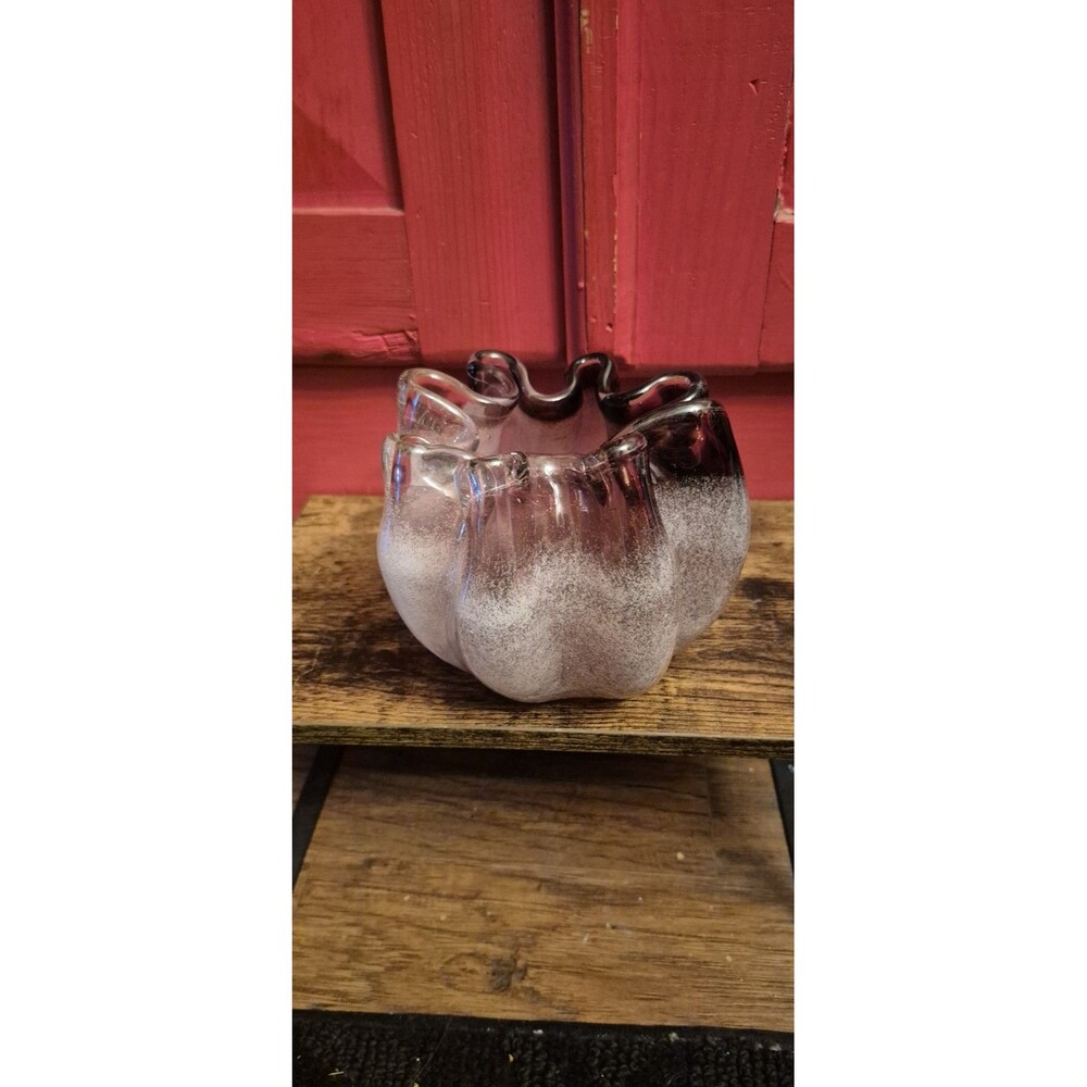 Vintage Murano Style Amethyst Art Glass Bowl Ruffled Wavy Silver Fleck Read